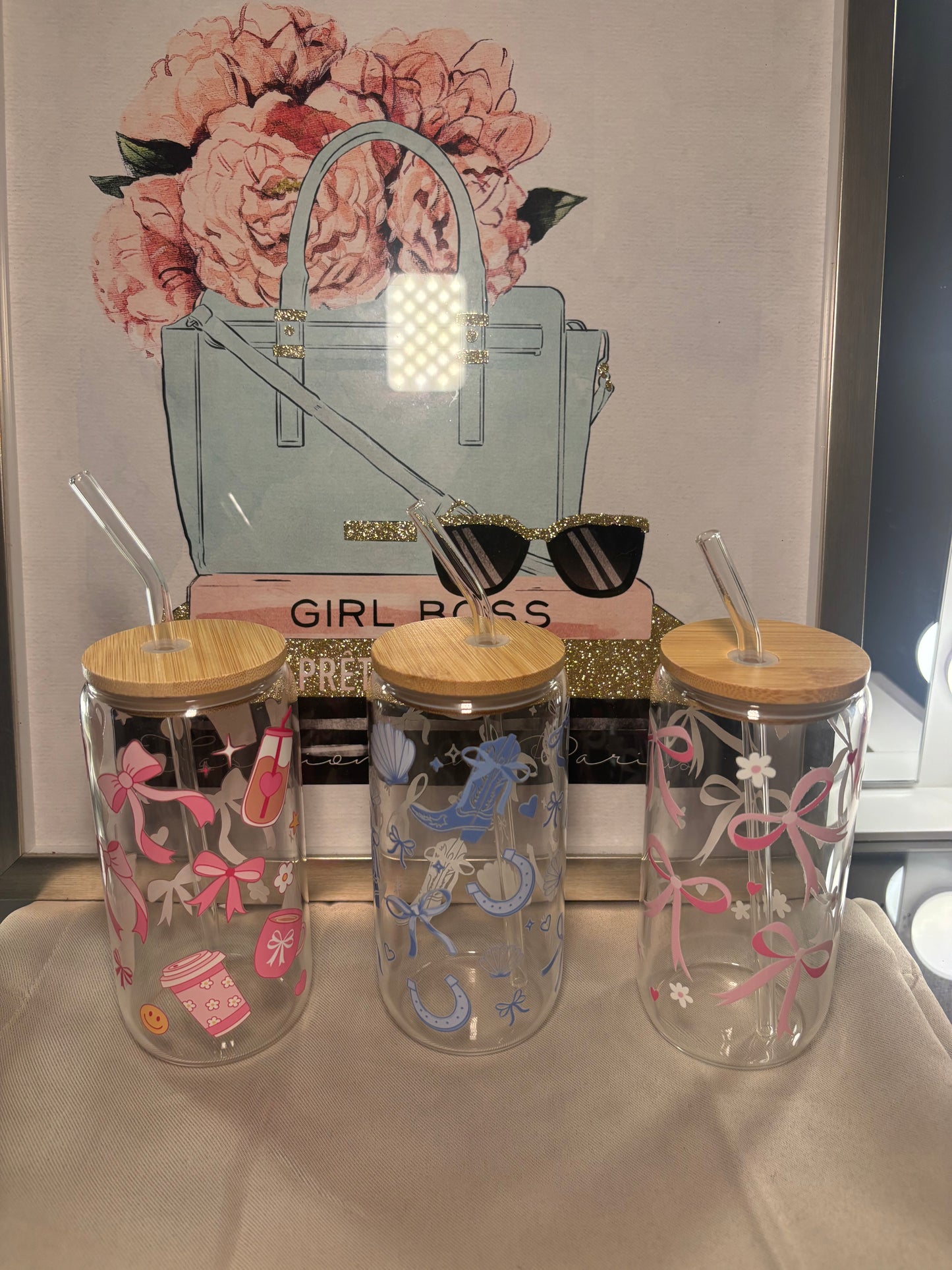 Pink Bows 16 Oz Glass Tumbler