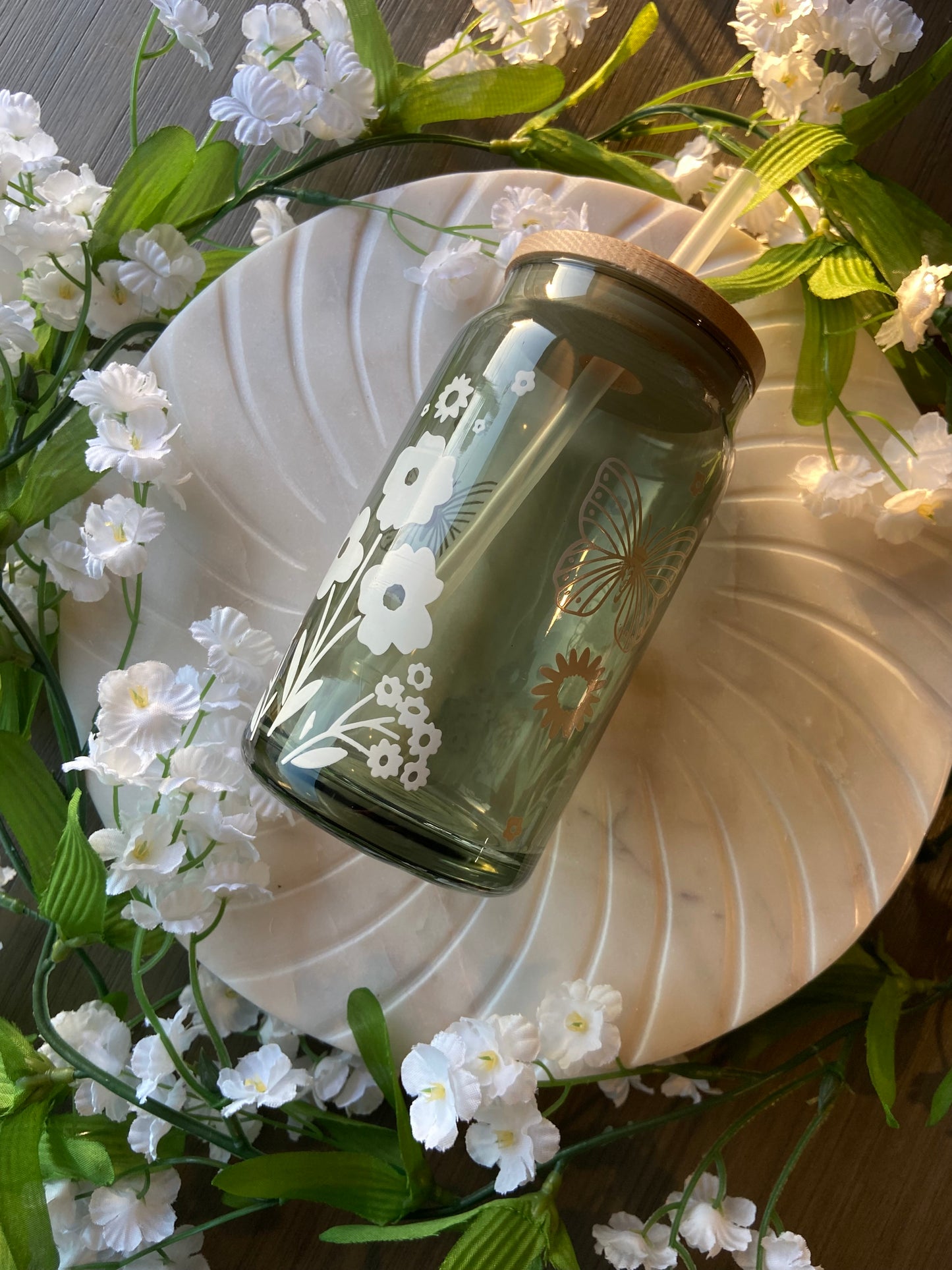 Green Floral Butterfly Glass Tumbler