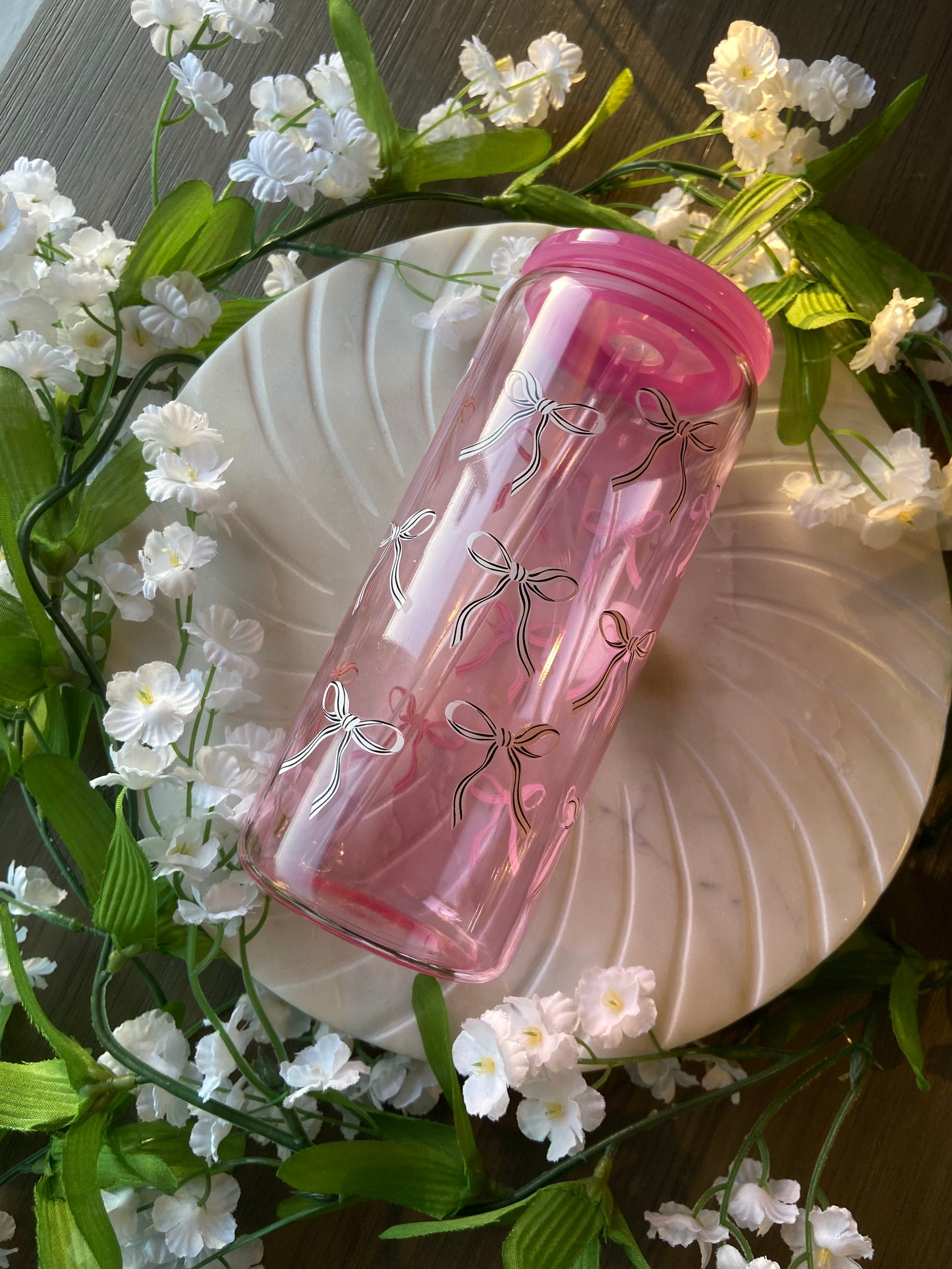 Pink on Pink Bow Glass Tumbler