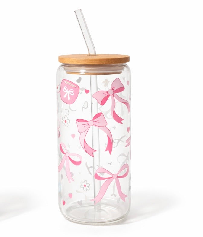 Pink Bows 16 Oz Glass Tumbler