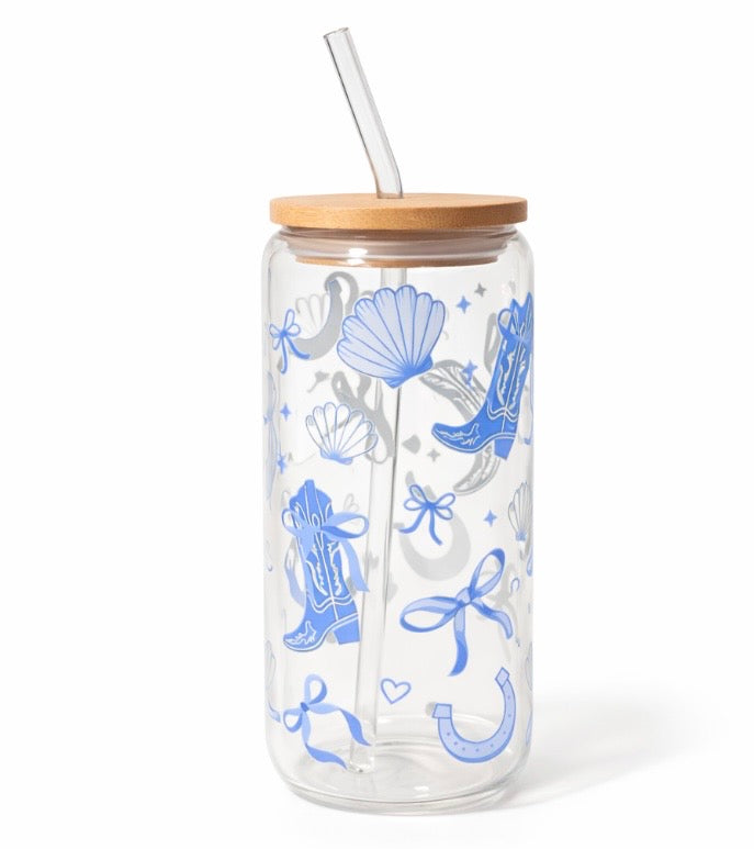Blue Cowgirl 16 Oz Glass Tumbler